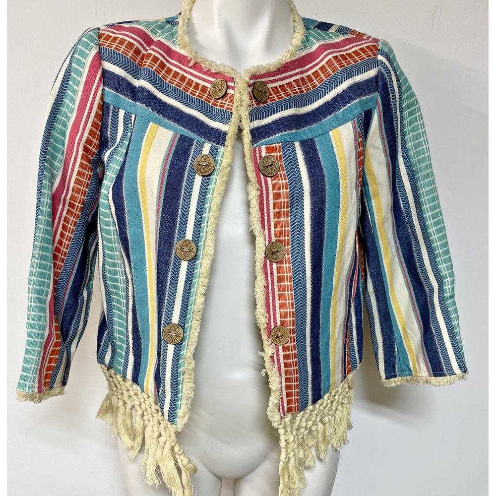 MULTIPLES BOHO PS Petite Small Colorful open Cardigan Lined Fringe frayed